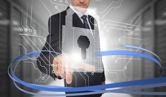 Businessman touching lock on futuristic interface with swirling lines in data center