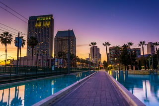 Skyscrapers and the Children's Pond at sunset, in San Diego, California..jpeg